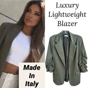 Luxury Italian Blazer Open Ruched Quarter Sleeve Olive Green Made Italy Size XL